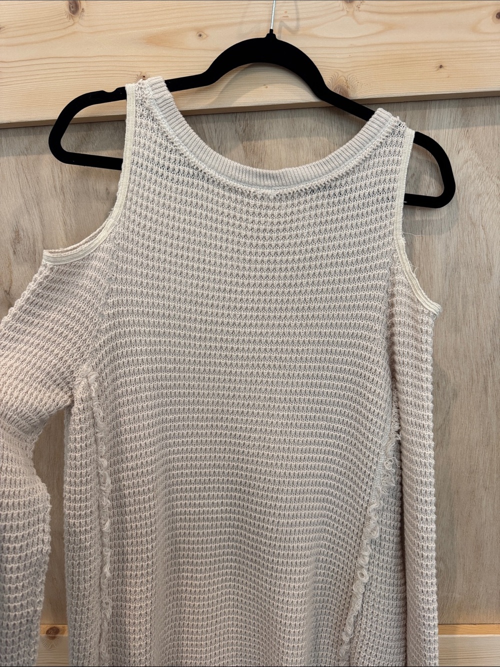 Free People Cream Waffle Knit Open Shoulder Long Sleeve Shirt - Picture 5 of 9